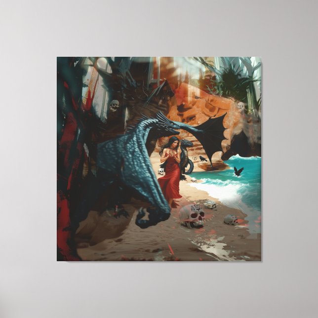Abstract Dragon Skull Occult Dark Witchy AI Art Canvas Print (Front)