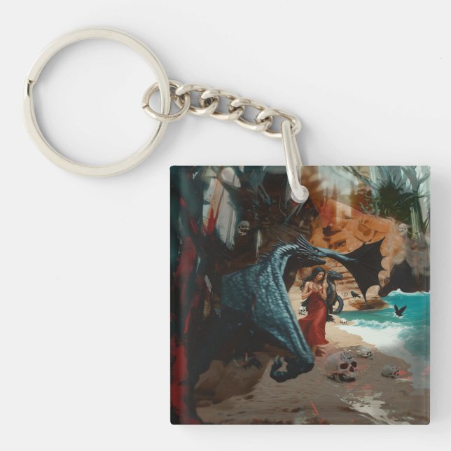 Abstract Dragon Skull Occult Dark Witchy AI Art Keychain (Front)