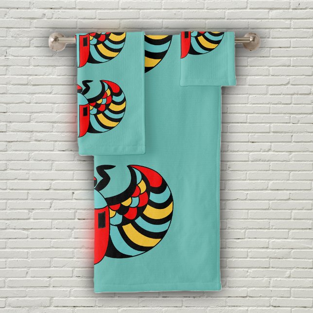 Abstract Egyptian Scarab Beetle Bright Colours Bath Towel Set (Abstract Egyptian scarab colourful beetle on set of aqua blue bath towels.)