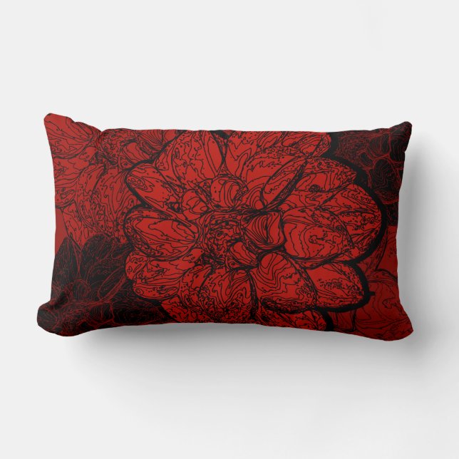 Abstract Elegant Ruby Red & Black Dahlia Floral Lumbar Pillow (Front)