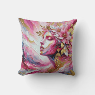 Abstract Elegant woman's face pinks leaves Throw Pillow