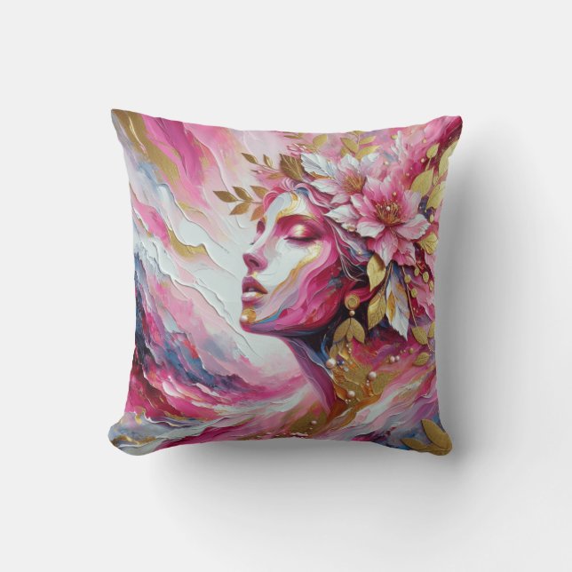 Abstract Elegant woman's face pinks leaves  Throw Pillow (Front)