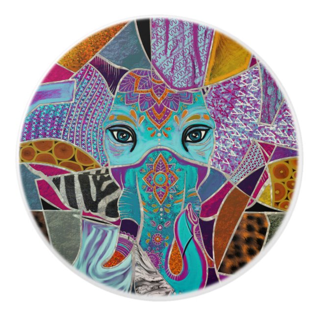 Abstract Elephant collage - mixed textures Ceramic Knob (Front)