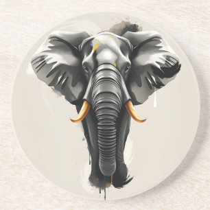 Abstract Elephant with Gold Tusks in Neutral Toned Coaster