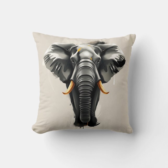 Abstract Elephant with Gold Tusks in Neutral Toned Throw Pillow (Front)