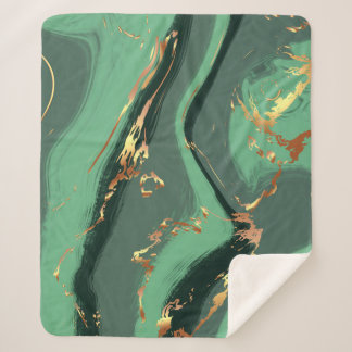 Abstract Emerald & Gold Leaf Pattern  Sherpa Blanket