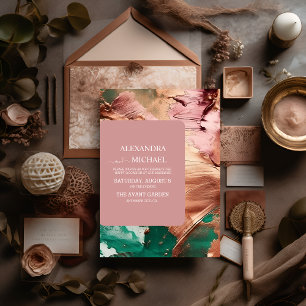 Abstract emerald green rose gold wedding invitation