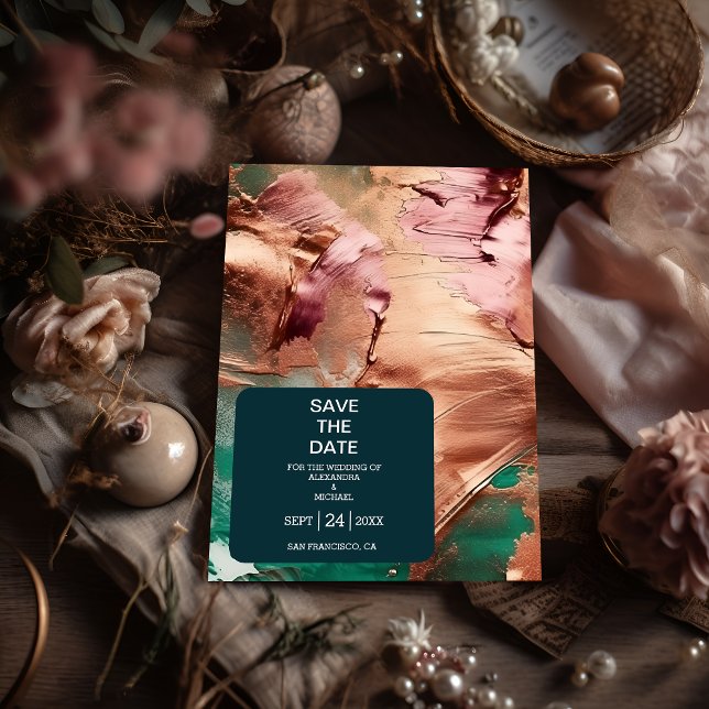 Abstract emerald green rose gold wedding save the date (Creator Uploaded)