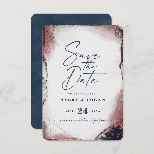 Abstract Ethereal Burgundy & Navy Blue Wedding Save The Date (Front/Back)