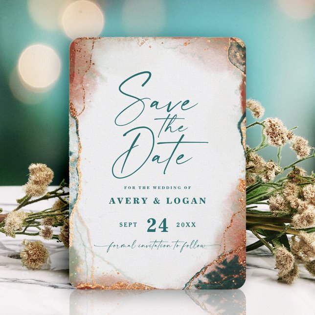Abstract Ethereal Dark Teal & Copper Fall Wedding Save The Date (A captivating save the date card featuring deep teal and shimmering copper accents.)