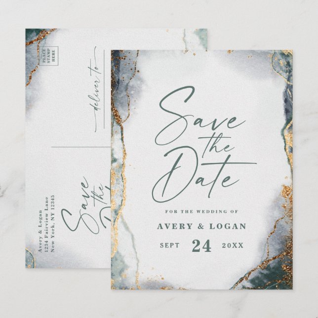 Abstract Ethereal Green Gold Wedding Save The Date Announcement Postcard (Front/Back)
