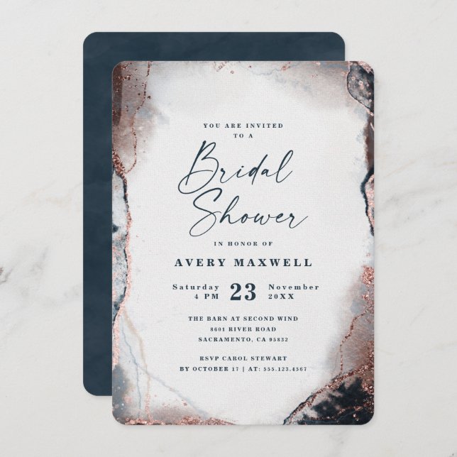 Abstract Ethereal Navy & Rose Gold Bridal Shower Invitation (Front/Back)