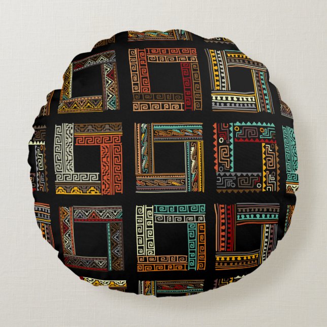 Abstract ethnic frames, seamless pattern round pillow (Front)