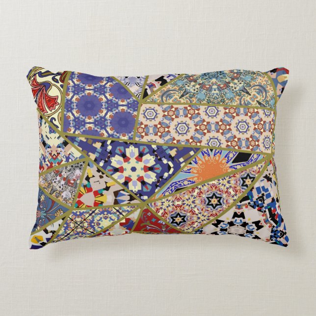 Abstract ethnic spanish tile patchwork hand drawn, accent pillow (Front)