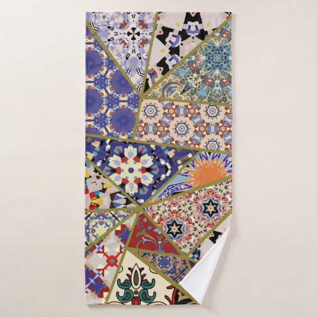 Abstract ethnic spanish tile patchwork hand drawn, bath towel (Bath Towel)