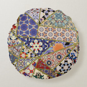 Abstract ethnic spanish tile patchwork hand drawn, round pillow