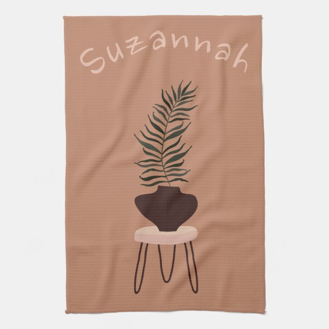 Abstract Expressionism Terracotta Palm Leaf & Vase Kitchen Towel (Vertical)