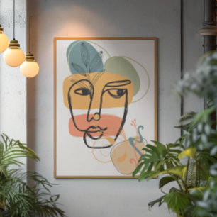 Abstract face art pink blue green yellow  colours canvas print