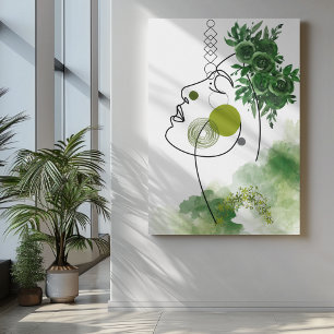 Abstract face art with crown of green flowers canvas print