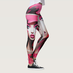 Abstract Face Big Eyes Red Lips Neon Pink Graffiti Leggings