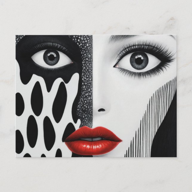 Abstract Face Black White Red Postcard (Front)