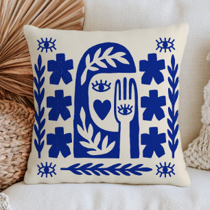 Abstract Face Modern Evil Eyes Blue Folk Art Throw Pillow