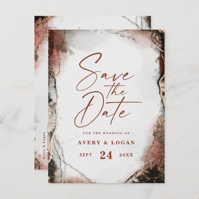 Abstract Fall Autumn Orange Wedding Save The Date Announcement Postcard (Front/Back)