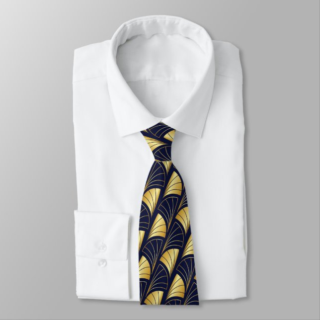 Abstract Fan Gradient Gold Vector Pattern Navy Nec Tie (Tied)