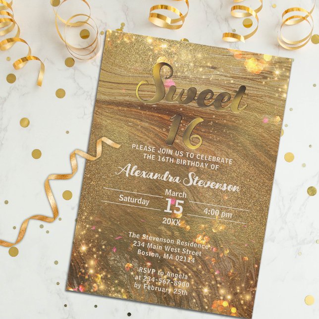 Abstract Fancy Chic Trendy Gold Glitter Sweet 16 Invitation (Creator Uploaded)