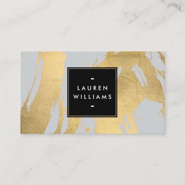 Abstract Faux Gold Brushstrokes on Grey Business Card (Front)