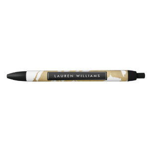 Abstract Faux Gold Brushstrokes on White II Black Ink Pen