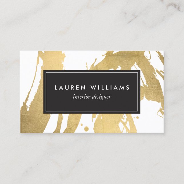 Abstract Faux Gold Brushstrokes on White II Business Card (Front)