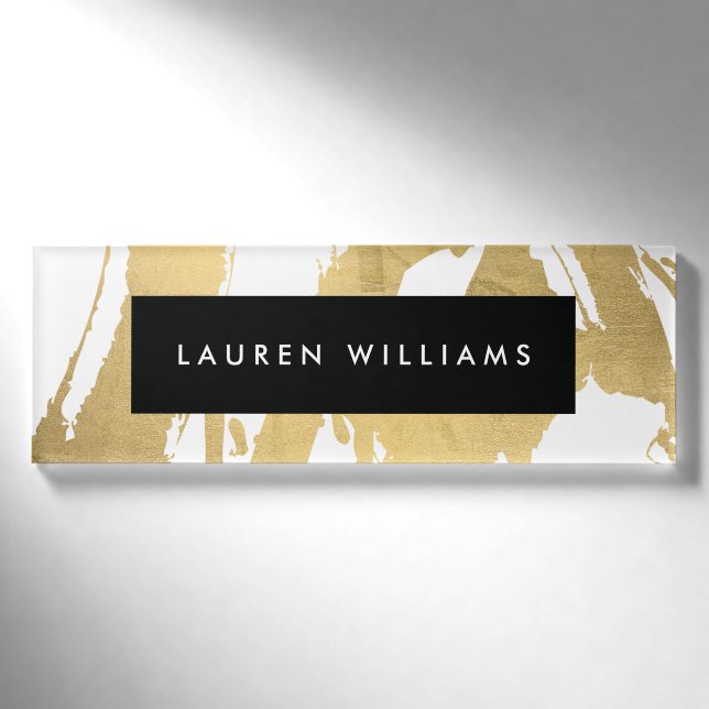Abstract Faux Gold Brushstrokes on White Name Tag (Front)