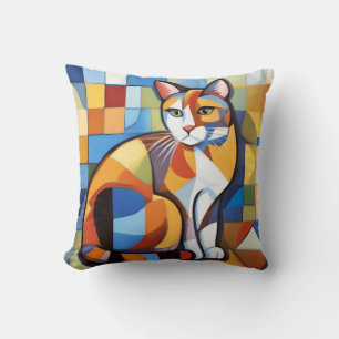 Abstract Feline Beauty Calico Cat Cubist Throw Pillow
