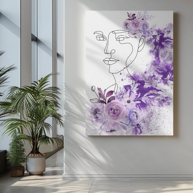 Abstract female art with purple flowers splashes canvas print (Creator Uploaded)