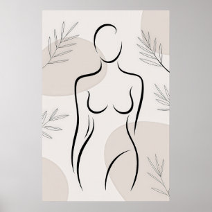Abstract Female Body Line Art and Botanical Leaves Poster