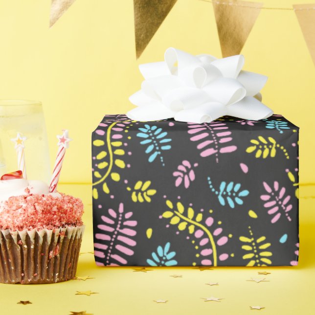 Abstract Ferns-yellow, pink and blue on dark grey Wrapping Paper (Birthday Party)