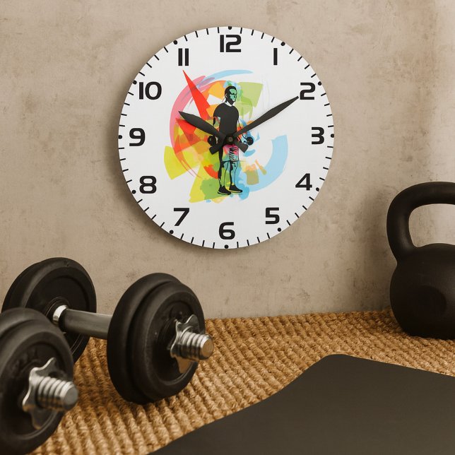 Abstract Fitness Art of Man Lifting Dumbbells Large Clock (Creator Uploaded)