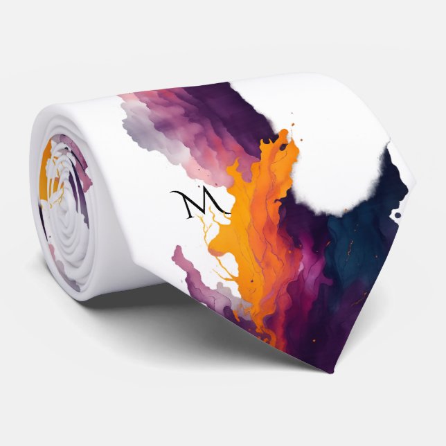 Abstract Flame Brushstroke Pattern Orange Purple Tie (Rolled)
