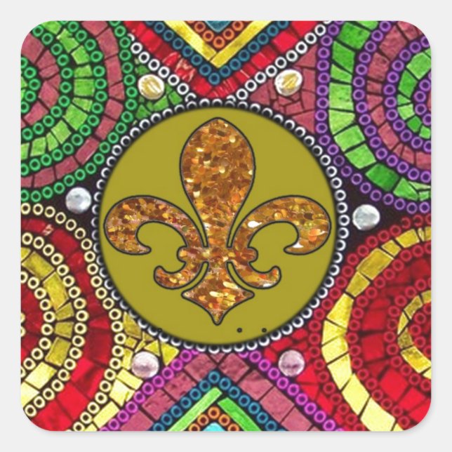 Abstract Fleur De Lis Tile mosaic Colourful Square Sticker (Front)