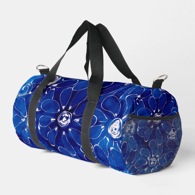 Abstract Floral Art Pattern Blue White Flowers Duffle Bag (Right Corner)