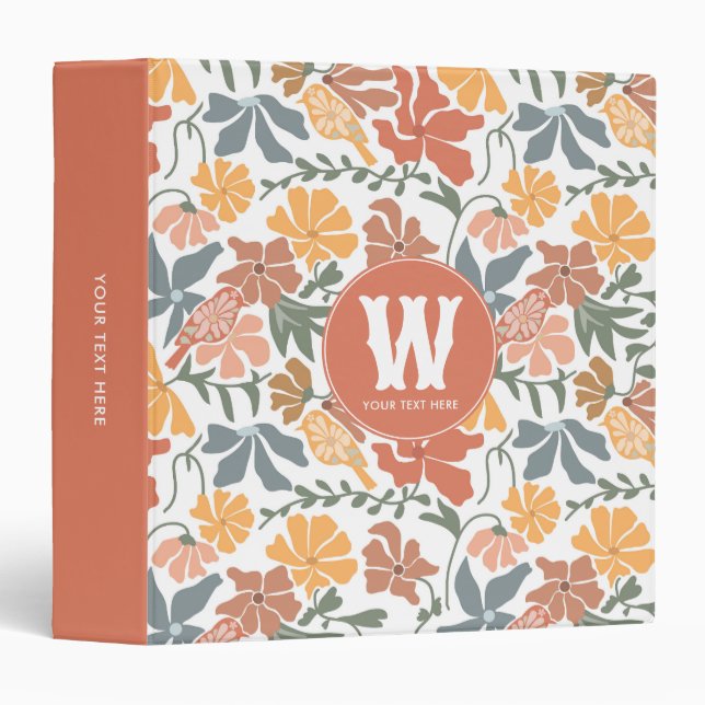 Abstract Floral Birds Mid Century Modern Monogram Binder (Front/Spine)