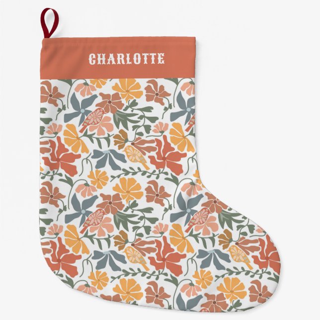 Abstract Floral & Birds Mid Century Modern Name Large Christmas Stocking (Front)
