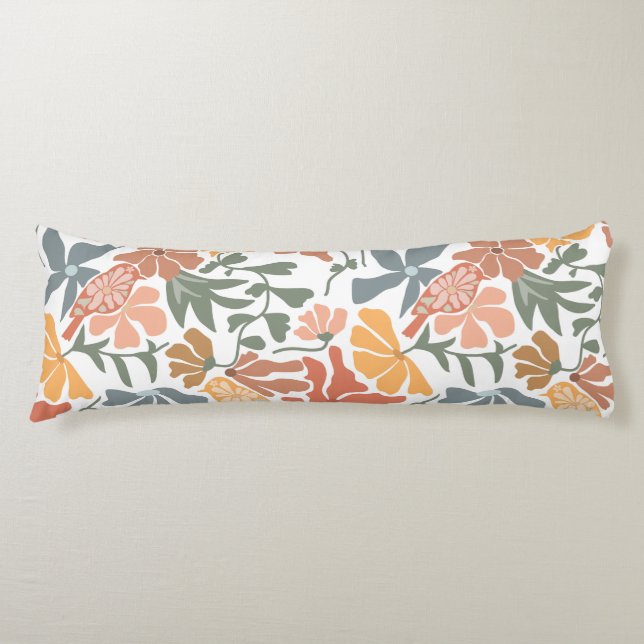Abstract Floral & Birds Mid Century Modern Pattern Body Pillow (Front)
