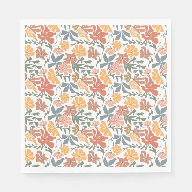 Abstract Floral & Birds Mid Century Modern Pattern Napkin (Front)