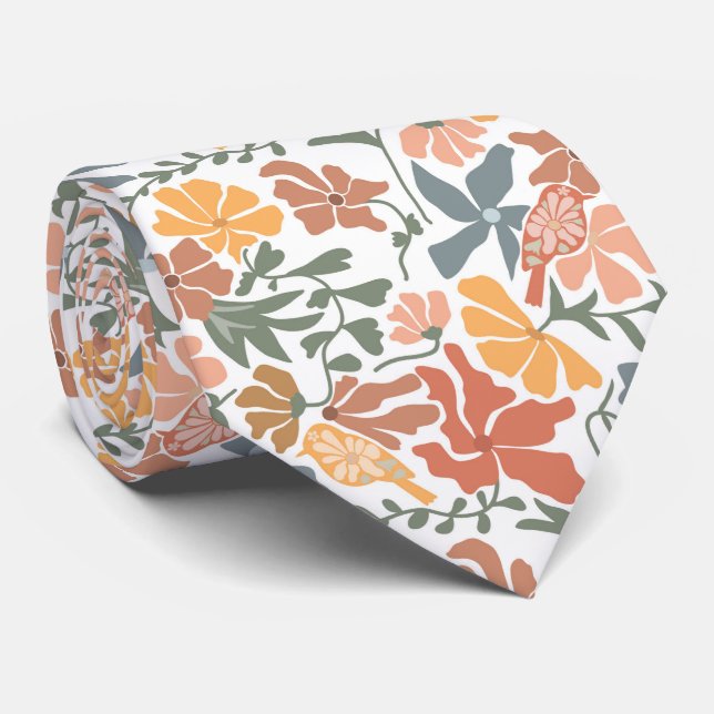 Abstract Floral & Birds Mid Century Modern Pattern Tie (Rolled)