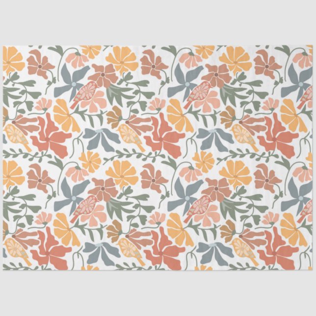 Abstract Floral & Birds Mid Century Modern Pattern Tissue Paper (Front)