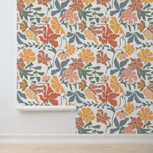 Abstract Floral & Birds Mid Century Modern Pattern Wallpaper