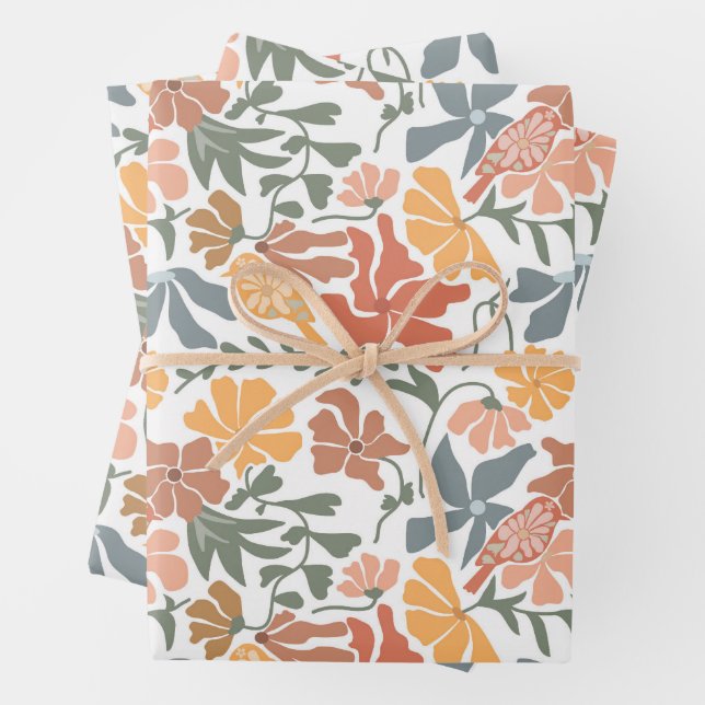 Abstract Floral & Birds Mid Century Modern Pattern Wrapping Paper Sheet (In situ)