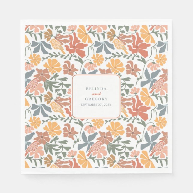 Abstract Floral & Birds Mid Century Modern Wedding Napkin (Front)